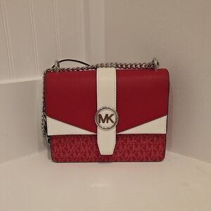 Michael Kors Red and White Crossbody Bag with Chain Strap